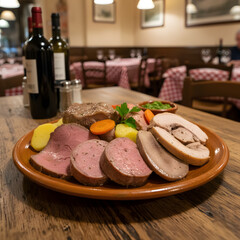 A rustic plate with Bollito misto main dish on a rustic wooden table in an Italian trattoria generative AI