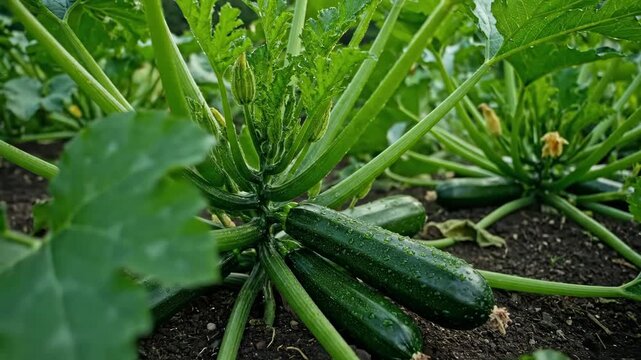 Fresh Zucchini Growing in Garden - Close-up view of several fresh zucchini squash growing on a plant in a garden.
