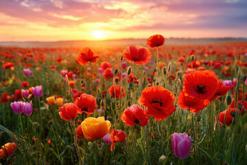 Fototapeta premium Flower field with poppies and tulips