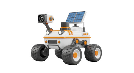 Solar-powered robotic rover, equipped with camera, designed for exploration.