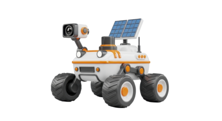 Solar-powered robotic rover, equipped with camera, designed for exploration.