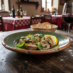 A rustic plate with Tonno sott’olio main dish on a rustic wooden table in an Italian trattoria generative AI