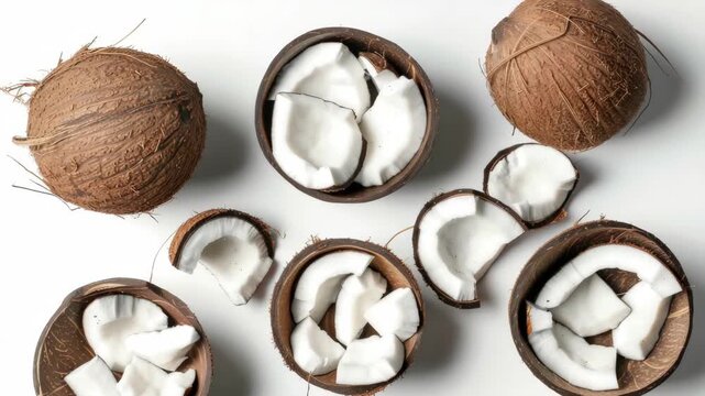 Shredded coconut shells and flakes from a freshly cracked coconut.