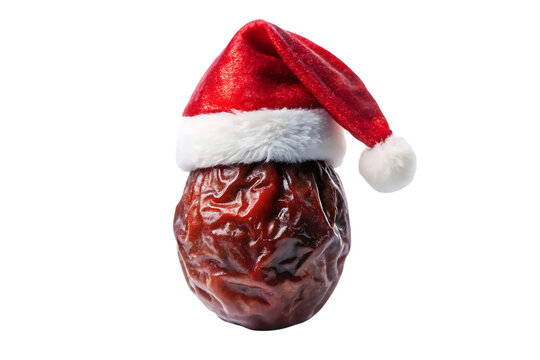 Wrinkled red date fruit adorned with festive Santa hat featuring red fabric and white fur trim, isolated on a transparent background