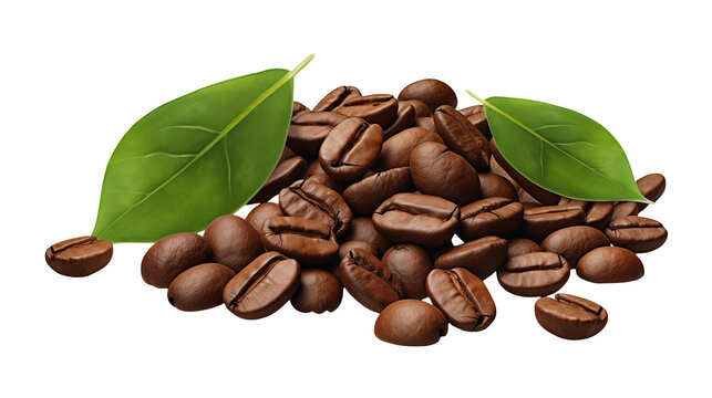 Rich roasted coffee beans with vibrant green leaves evoke the perfect morning brew experience
