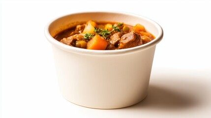 Autumn stew in paper cup street food style on clean white background, warm soft light, minimal composition, high detail commercial product photography