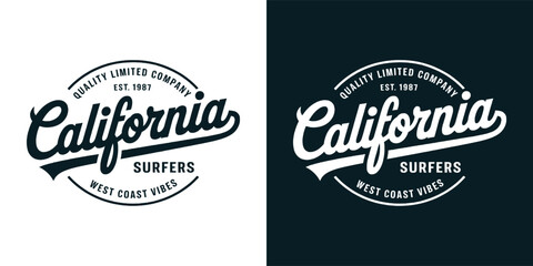 California surfers retro badge emblem with west coast vibes vintage typography for ocean lifestyle apparel and t shirt design © Vectyx