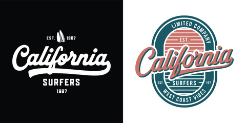 California surfers vintage emblem with retro script typography and wave vibe graphic for west coast lifestyle t shirt design