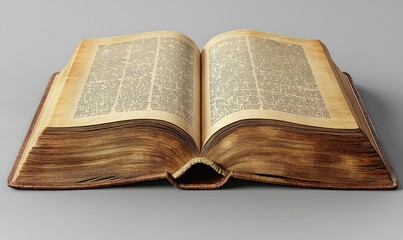 Open antique book on a gray surface