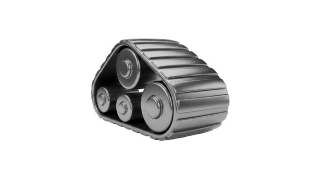 Close-up view of a single, metallic track segment, showcasing its ribbed design and internal rollers.