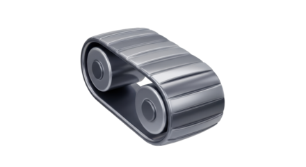 Grey industrial conveyor belt segment, ribbed surface, close-up view.