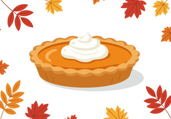 Pumpkin pie with whipped cream surrounded by autumn leaves