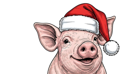 A charming pig wearing a santa hat, isolated on a transparent background, perfect for christmas and new years greetings