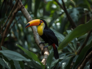 Fototapeta premium Colorful Toucan Perched on a Branch: Vivid toucan with its oversized bill, perched on a branch amidst lush tropical foliage, a captivating study in avian beauty, showcasing nature's artistic detail.