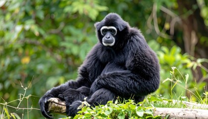 Obraz premium Black and white monkey sits on log in forest