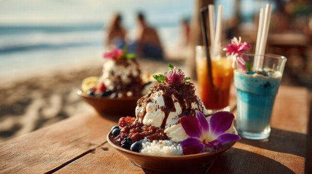 A family savors Hawaiian loco moco, topped with a scoop of ice cream and fresh berries, along with colorful beach cocktails, at a sunny beach picnic.