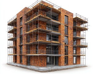 A multi-story brick apartment building under construction, surrounded by scaffolding
