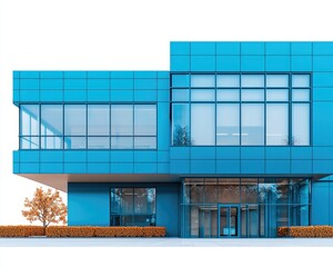 Modern, teal-colored office building with large windows