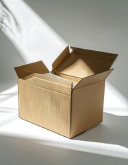 Open cardboard box on a white surface