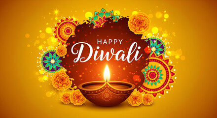 Happy Diwali Festive Background with Diya and Marigolds