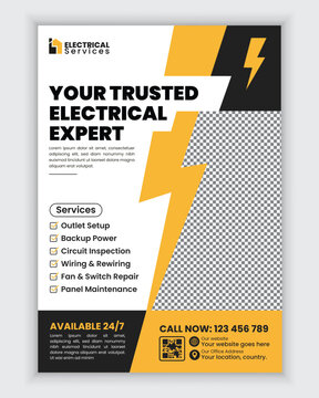 Electrical and Electrician Services Flyer and Poster Design Template for Wiring Repair Lighting Installation Power Maintenance and Residential Home Improvement Advertisement