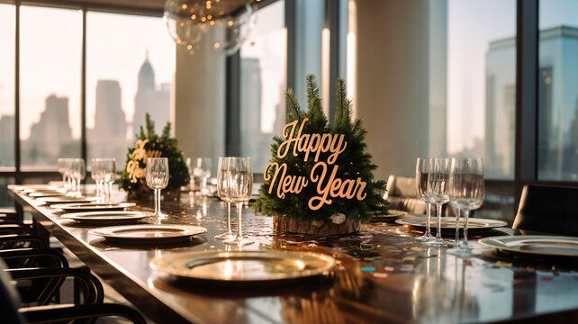 Elegant New Year's eve dinner table with cityscape background