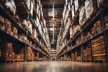 Fototapeta premium Rows of tall industrial racks stacked with goods illustrate the core of modern supply chain logistics and distribution.