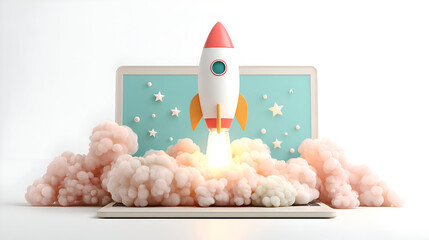 A rocket launching from a laptop screen with clouds and stars, symbolizing startup growth, innovation, digital business, and limitless opportunities.
