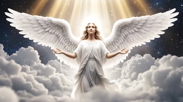 Angelic Guardian in Heavenly Clouds - A beautiful angel with large white wings stands amidst fluffy clouds, bathed in a divine light against a starry night sky.