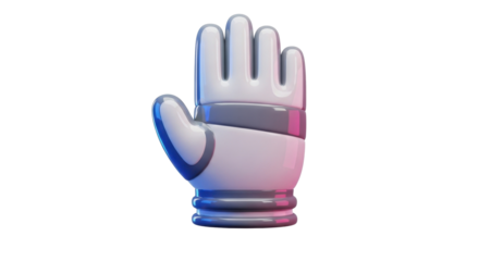 A stylized 3D rendering of a white astronaut glove with an open palm, isolated on a white background.