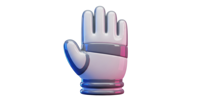 A stylized 3D rendering of a white astronaut glove with an open palm, isolated on a white background.