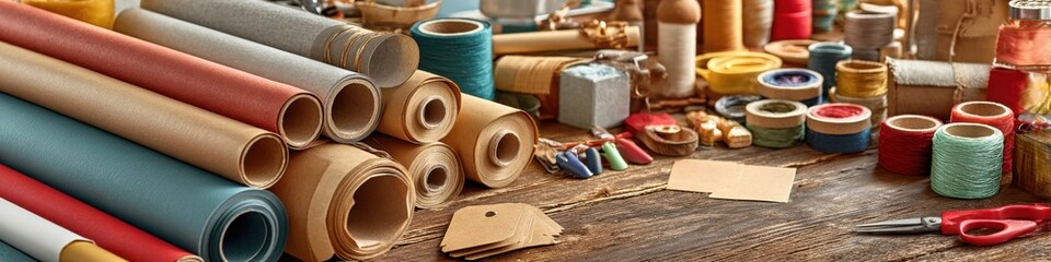 A rustic gift wrapping station displays colorful paper rolls, ribbons, twine, and scissors on a wooden table, ready for creating beautiful and personalized presents.