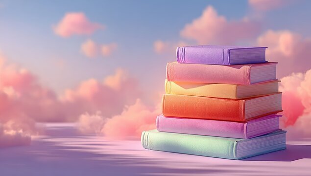 Stacked colorful books on a pastel-colored surface, against a backdrop of fluffy, pink clouds at sunrise or sunset