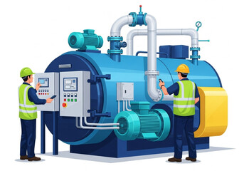 Industrial Workers Maintaining Steam Boiler with Control Panel