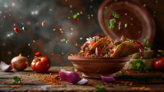 Spicy chili topped with fresh vegetables in a clay bowl, exotic seasonings falling off sides.