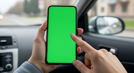 A person's hands hold a smartphone with a solid green screen, displayed inside a vehicle, with a finger touching the screen.