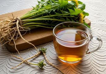 Healthy Dandelion Root Tea with Fresh Greens and Roots on a Cutting Board
