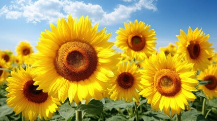 Obraz premium Golden sunflowers swaying gently in the breeze under a sunny sky, creating a vibrant and cheerful scene that captures the beauty of a summer's day with clouds.