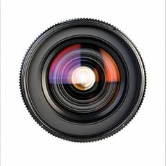 A detailed close-up shot of a camera lens, showcasing its intricate internal structure and multiple lens elements.  The circular lens is set against a plain white background