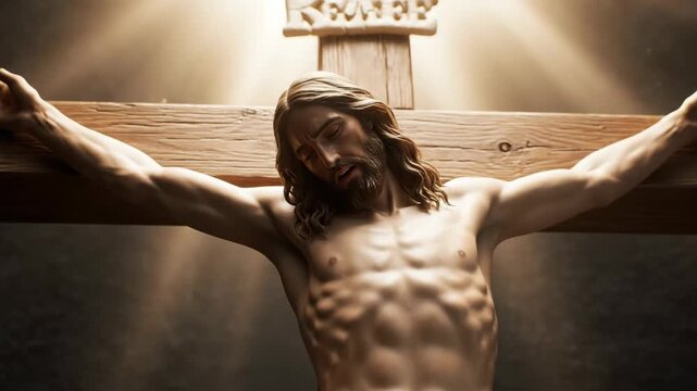 Jesus Christ Crucifixion in Light - A detailed close-up of a statue depicting Jesus Christ on the cross. Warm light illuminates the figure, emphasizing the physicality and emotion of the scene.