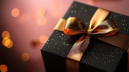 A beautifully wrapped black gift box with a satin ribbon tied in a bow, perfect for celebrations and special occasions