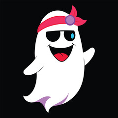 A cheerful cartoon ghost character wearing a red bandana and sunglasses with a purple gem waving its hand and smiling broadly on a black background