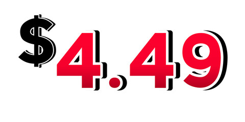 Promotional price tag $4.49 red color on transparent background. Perfect for advertising, sale banners, product promotion, discount labels, retail marketing, and e-commerce design element