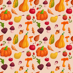 Seamless Pattern with autumn fruits. Harvesting vegetables fall. Autumn seasonal food. Vector flat illustration.