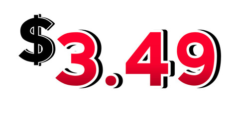 Promotional price tag $3.49 red color on transparent background. Perfect for advertising, sale banners, product promotion, discount labels, retail marketing, and e-commerce design element