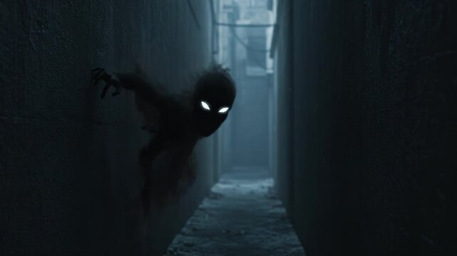 An eerie presence lurks in a dimly lit alleyway, shrouded in shadows, with glowing eyes that evoke fear and curiosity, creating a haunting atmosphere of suspense.