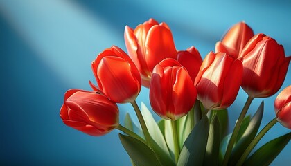 A Bouquet Of Red Tulips In Sunlight Against A Blue Background