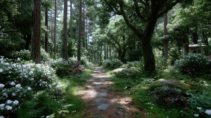 Obraz premium Sun Dappled Stone Path Through Lush Green Forest with White Flowers and Towering Trees in Tranquil Natural Setting