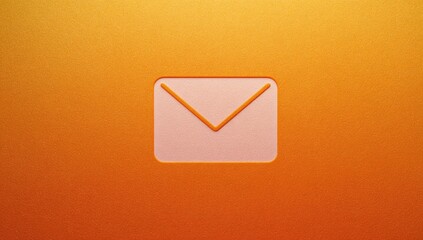 A minimalist, embossed, pale pink envelope icon on a warm orange, textured background.  The image is clean and simple, conveying a message of communication