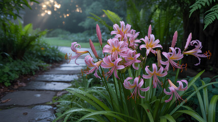 Pink Flowers Beside Stone Pathway